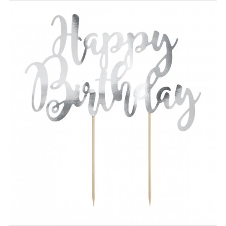 topper cartoncino HAPPY BIRTHAY argento